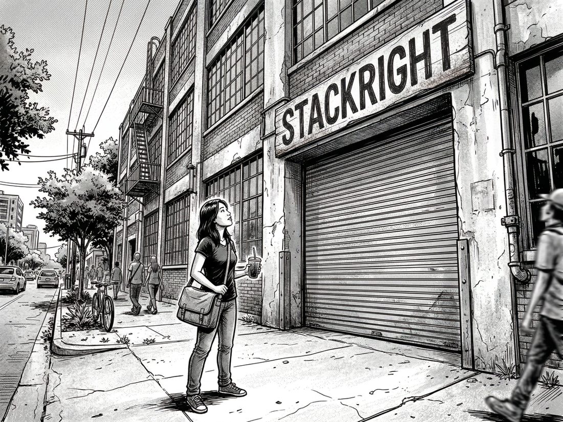 Illustration from The Pitch: a new employee arrives at the StackRight warehouse in East Austin